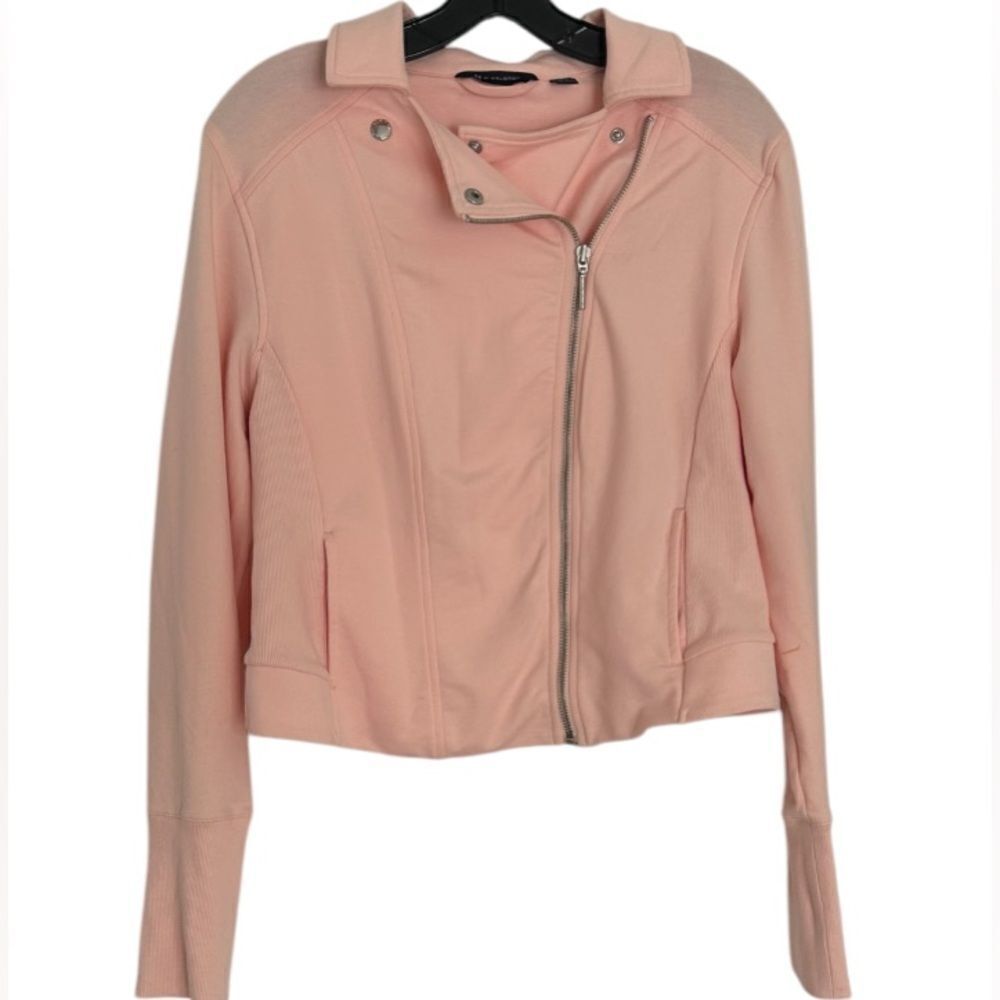 H by Halston Pink Knit Asymmetrical Blazer Zipper Pockets Stretch Size 12